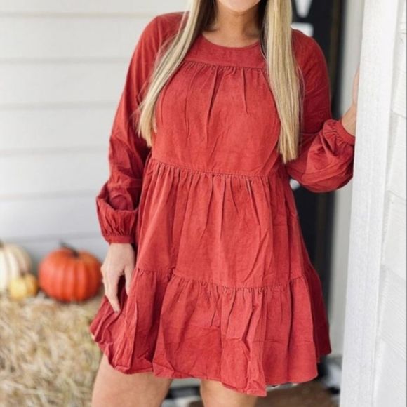Altar'd State Dresses & Skirts - Altar'd State Rusted Dusty Red Couduroy Longsleeve Tiered Dress XS